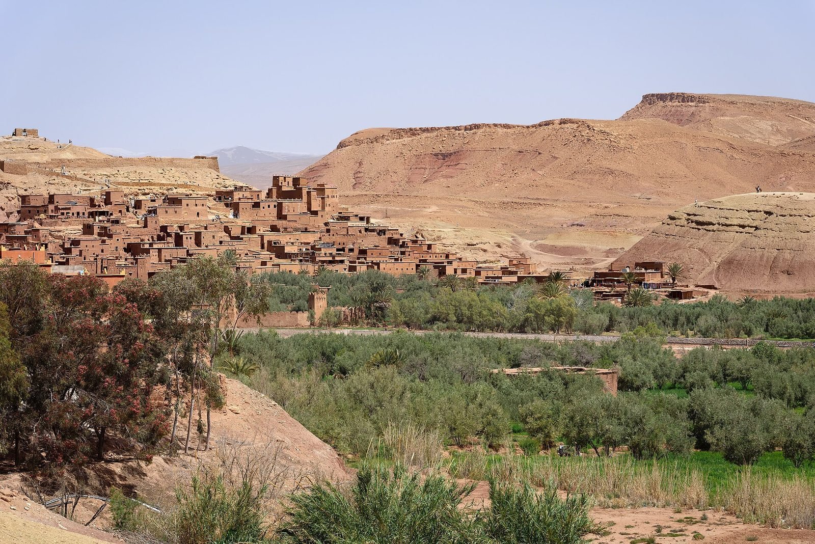 The earthen ksar of Aït Benhaddou above an irrigated valley in southern Morocco